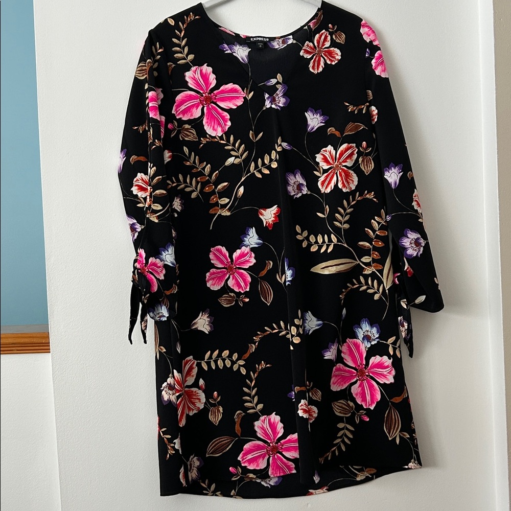 Express Black Dress with Purple and Pink Floral Design